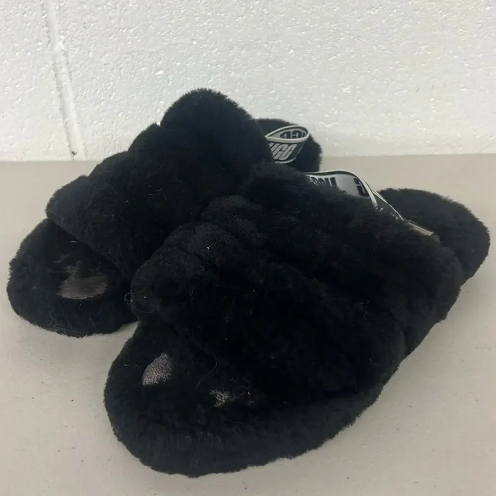 Ugg sz4 black fluff yeah pull on slippers sandal